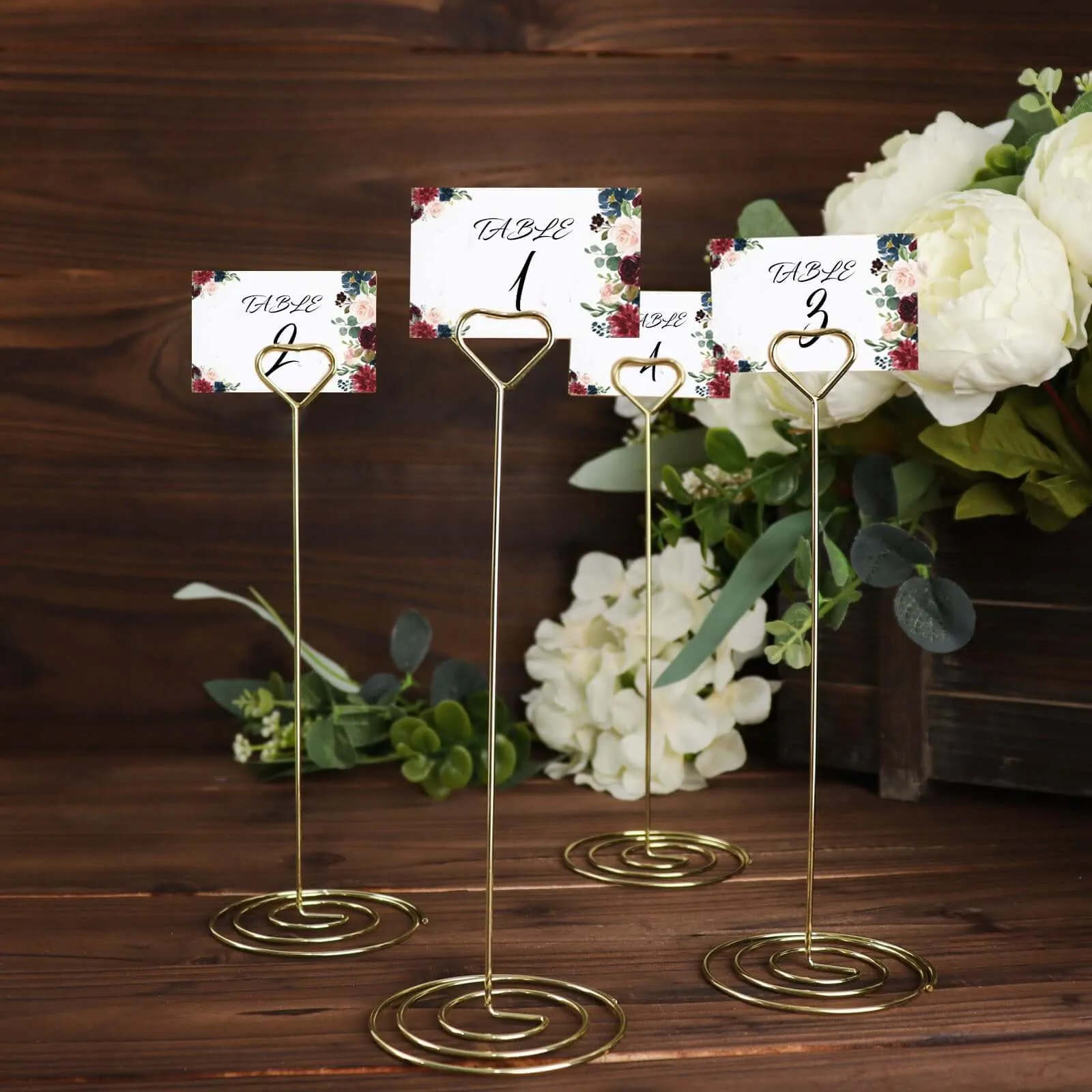 10 Pack Gold Metal Heart Card Holder Stands, Table Number Stands, Wedding Table Place Card Menu Clips 8"