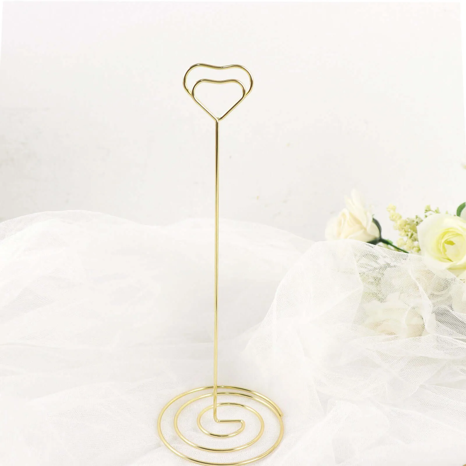 10 Pack Gold Metal Heart Card Holder Stands, Table Number Stands, Wedding Table Place Card Menu Clips 8"