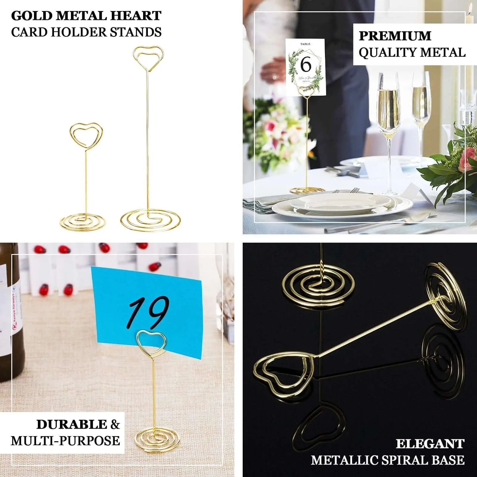 10 Pack Gold Metal Heart Card Holder Stands, Table Number Stands, Wedding Table Place Card Menu Clips 8"