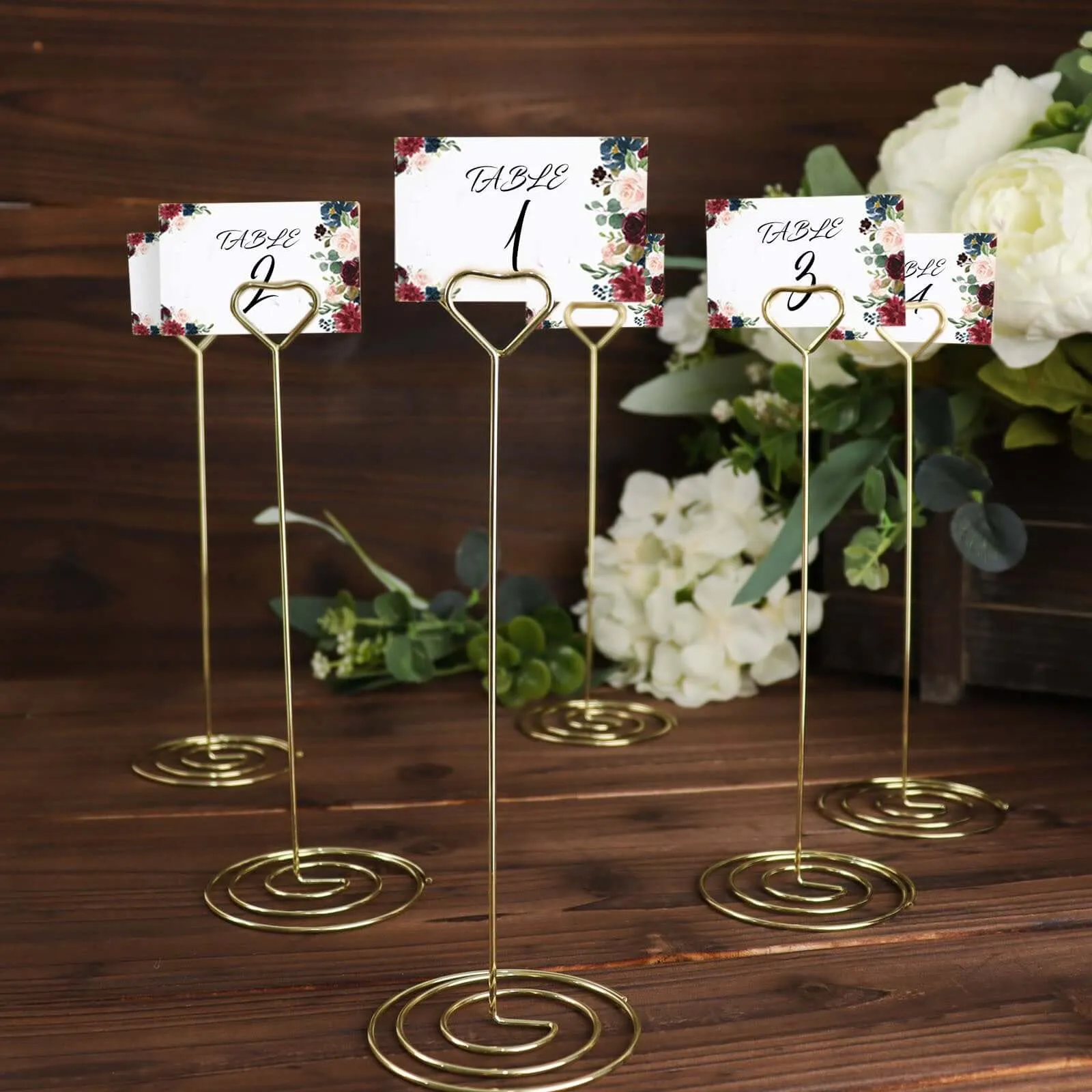 10 Pack Gold Metal Heart Card Holder Stands, Table Number Stands, Wedding Table Place Card Menu Clips 8"