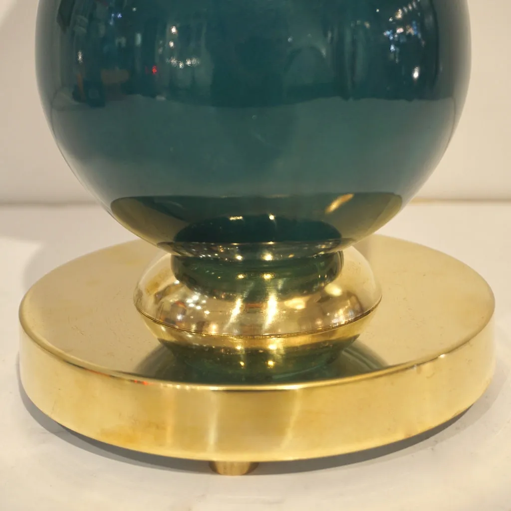 1980s Italian Vintage White & Jade Green Murano Glass Brass Desk / Table Lamps