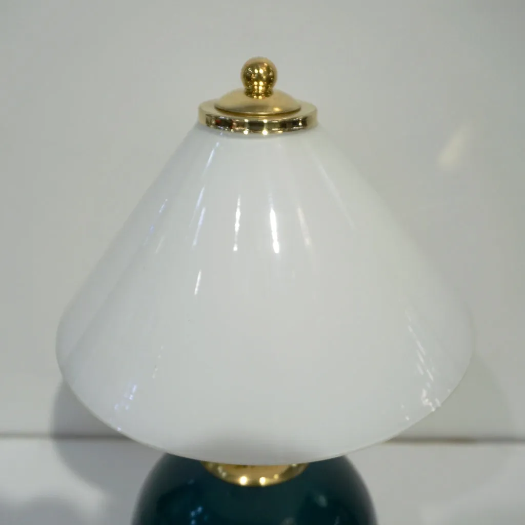1980s Italian Vintage White & Jade Green Murano Glass Brass Desk / Table Lamps