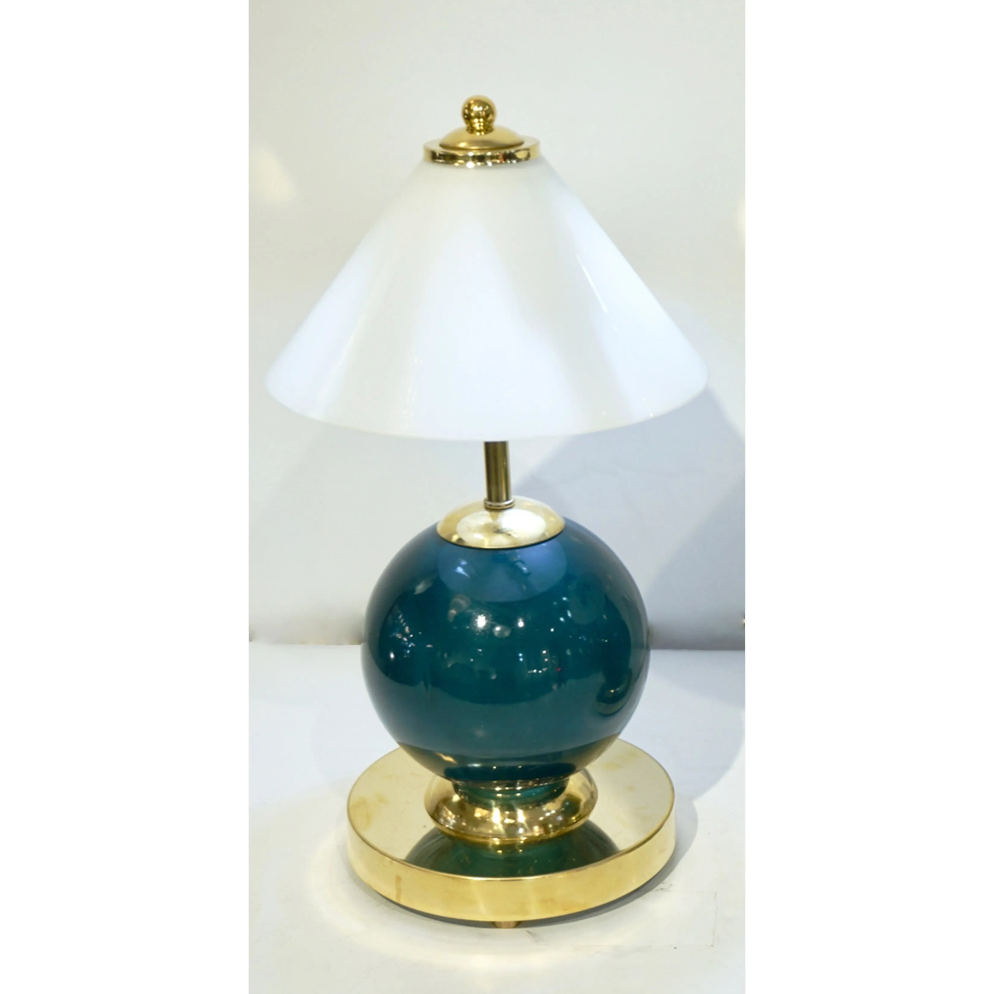 1980s Italian Vintage White & Jade Green Murano Glass Brass Desk / Table Lamps