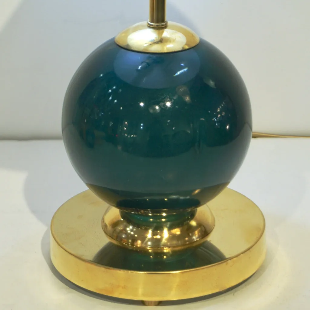 1980s Italian Vintage White & Jade Green Murano Glass Brass Desk / Table Lamps