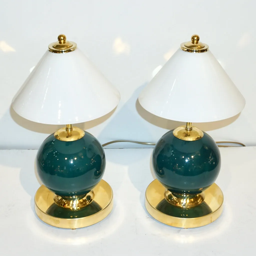 1980s Italian Vintage White & Jade Green Murano Glass Brass Desk / Table Lamps