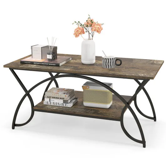 2-Tier Faux Marble Coffee Table with Marble Top and Metal Frame-Dark Brown