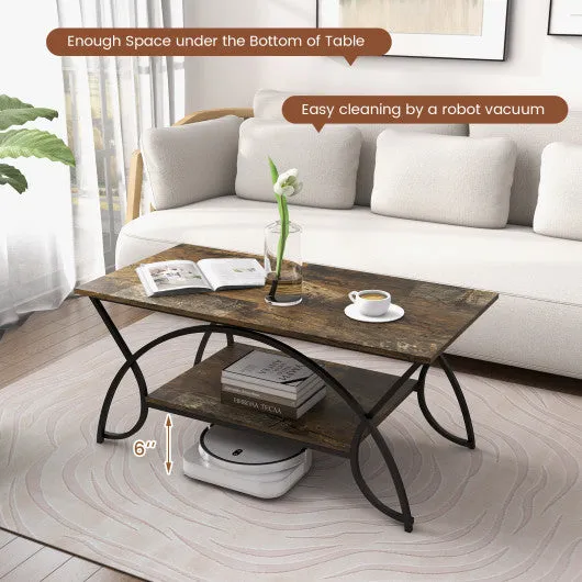 2-Tier Faux Marble Coffee Table with Marble Top and Metal Frame-Dark Brown