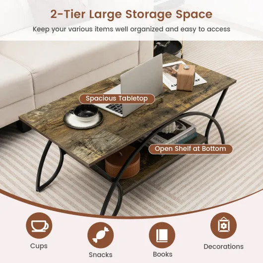 2-Tier Faux Marble Coffee Table with Marble Top and Metal Frame-Dark Brown
