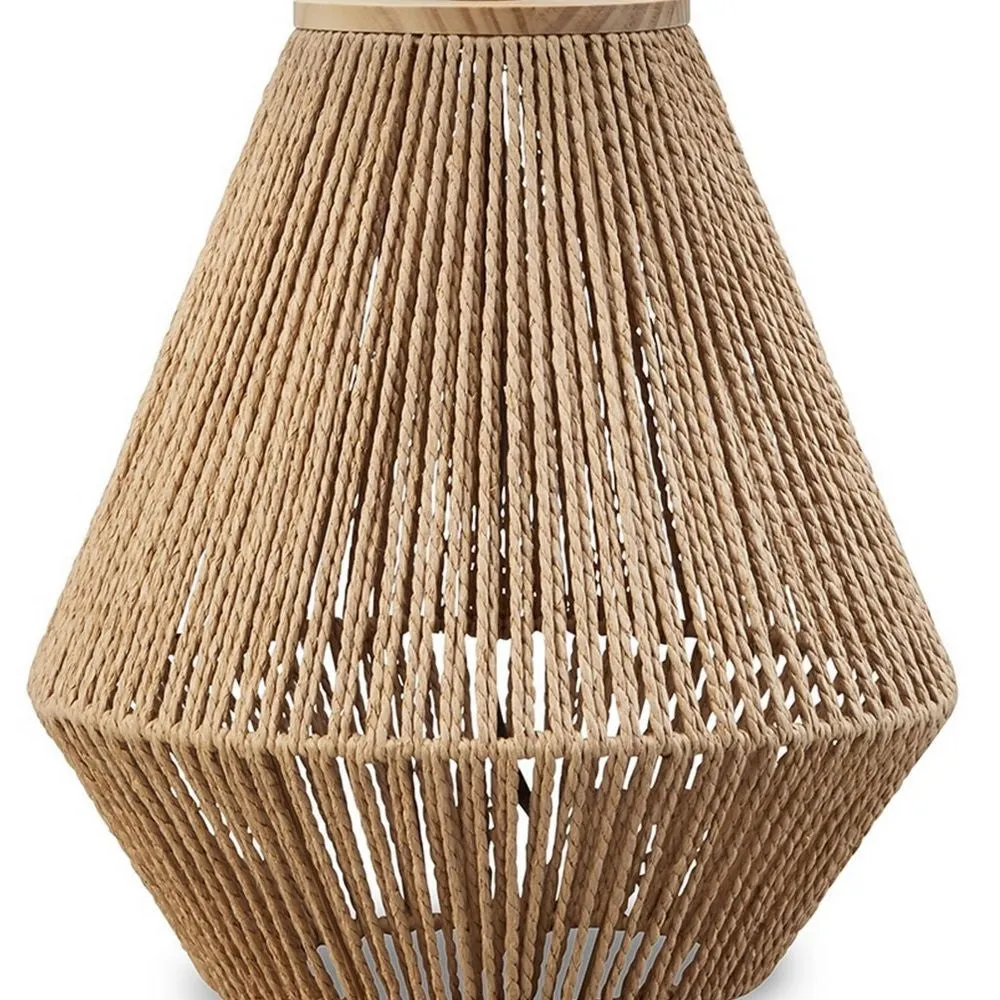24 Inch Bohemian Table Lamp, Paper Rope, Hardback Fabric Shade, Brown By Casagear Home