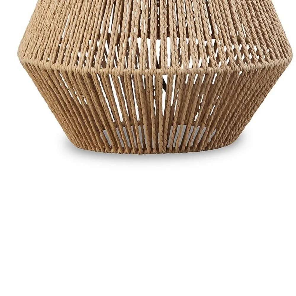24 Inch Bohemian Table Lamp, Paper Rope, Hardback Fabric Shade, Brown By Casagear Home