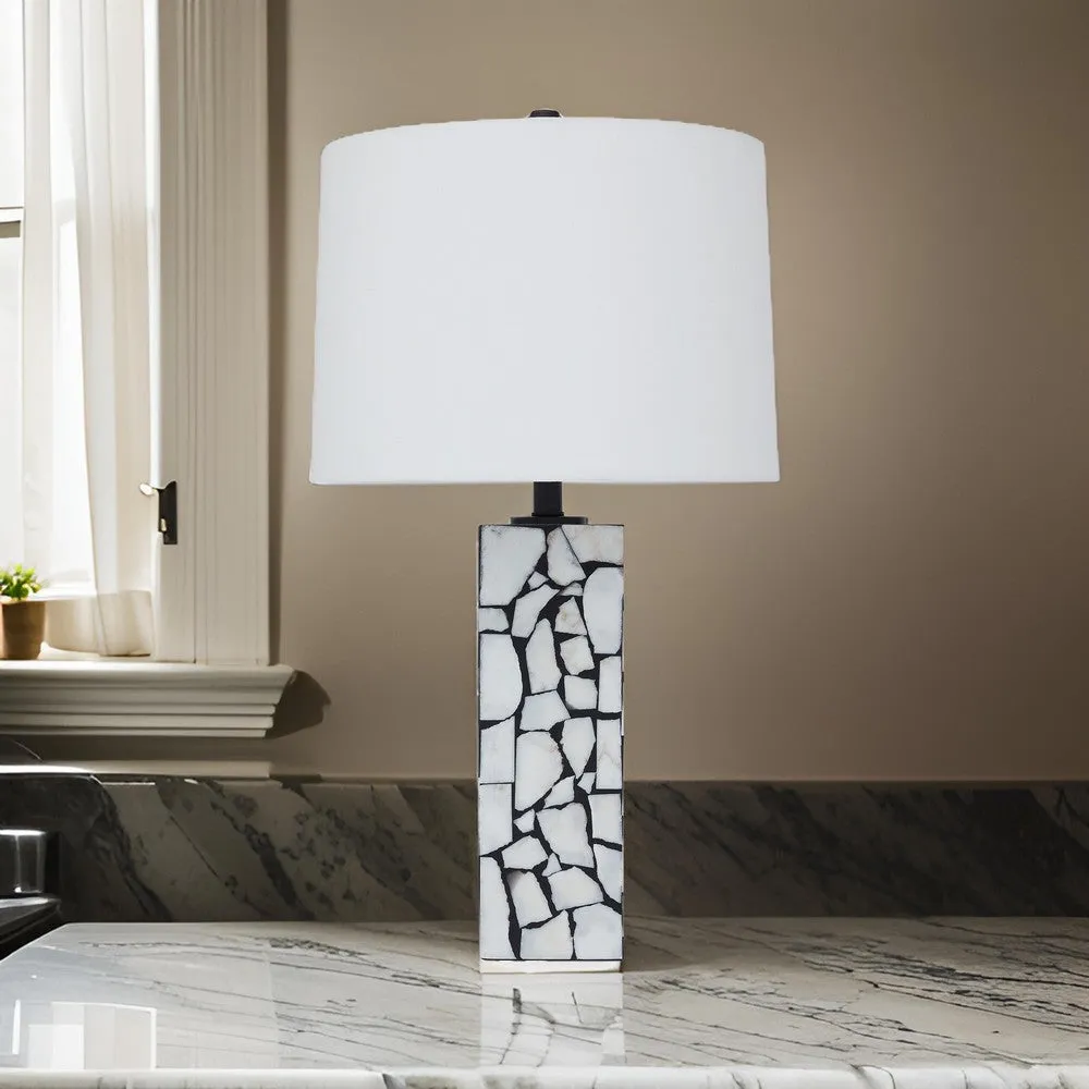 28 Inch Table Lamp, Drum Shade, Black and White Mosaic Marble Art Resin By Casagear Home