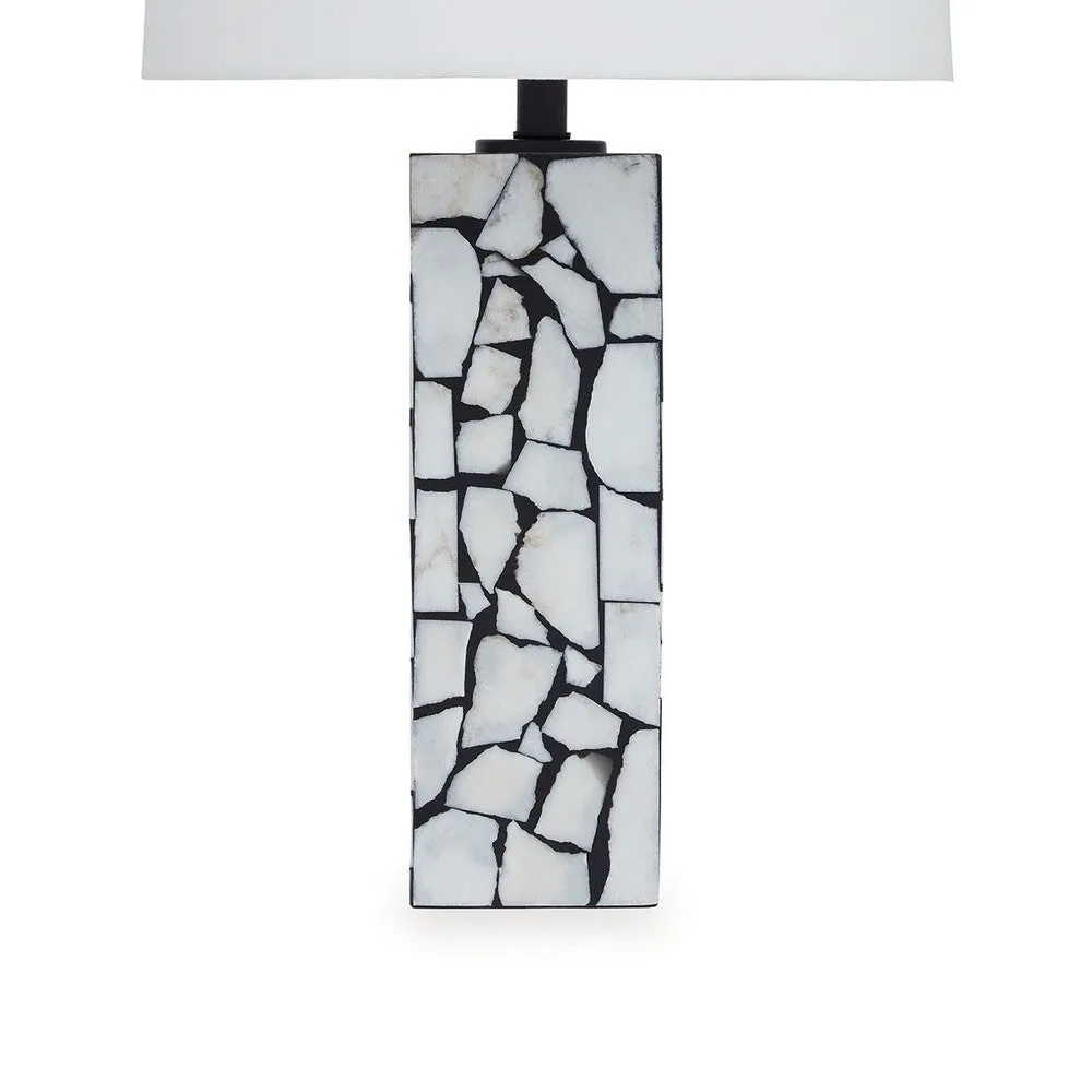 28 Inch Table Lamp, Drum Shade, Black and White Mosaic Marble Art Resin By Casagear Home