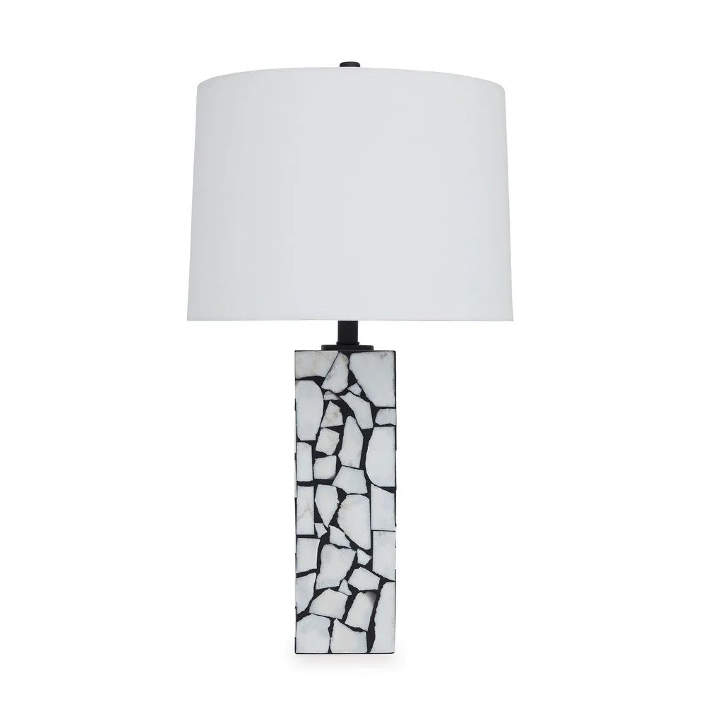 28 Inch Table Lamp, Drum Shade, Black and White Mosaic Marble Art Resin By Casagear Home