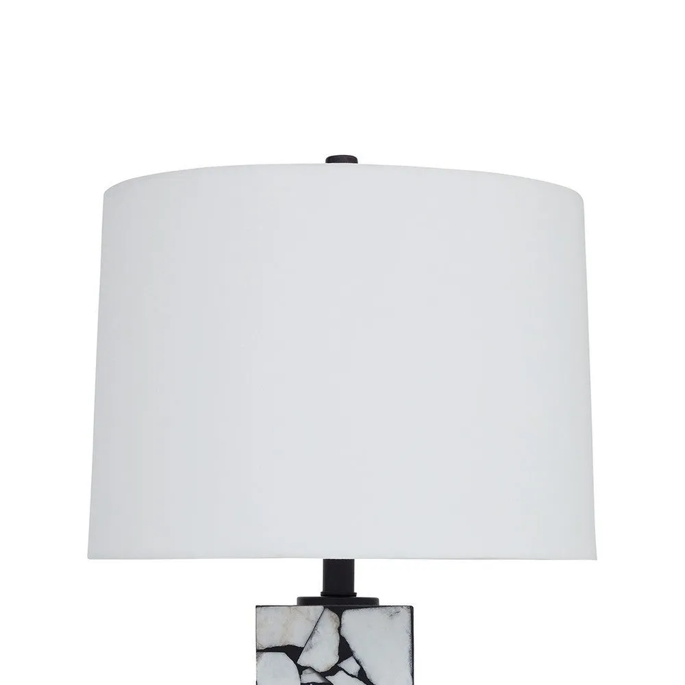 28 Inch Table Lamp, Drum Shade, Black and White Mosaic Marble Art Resin By Casagear Home