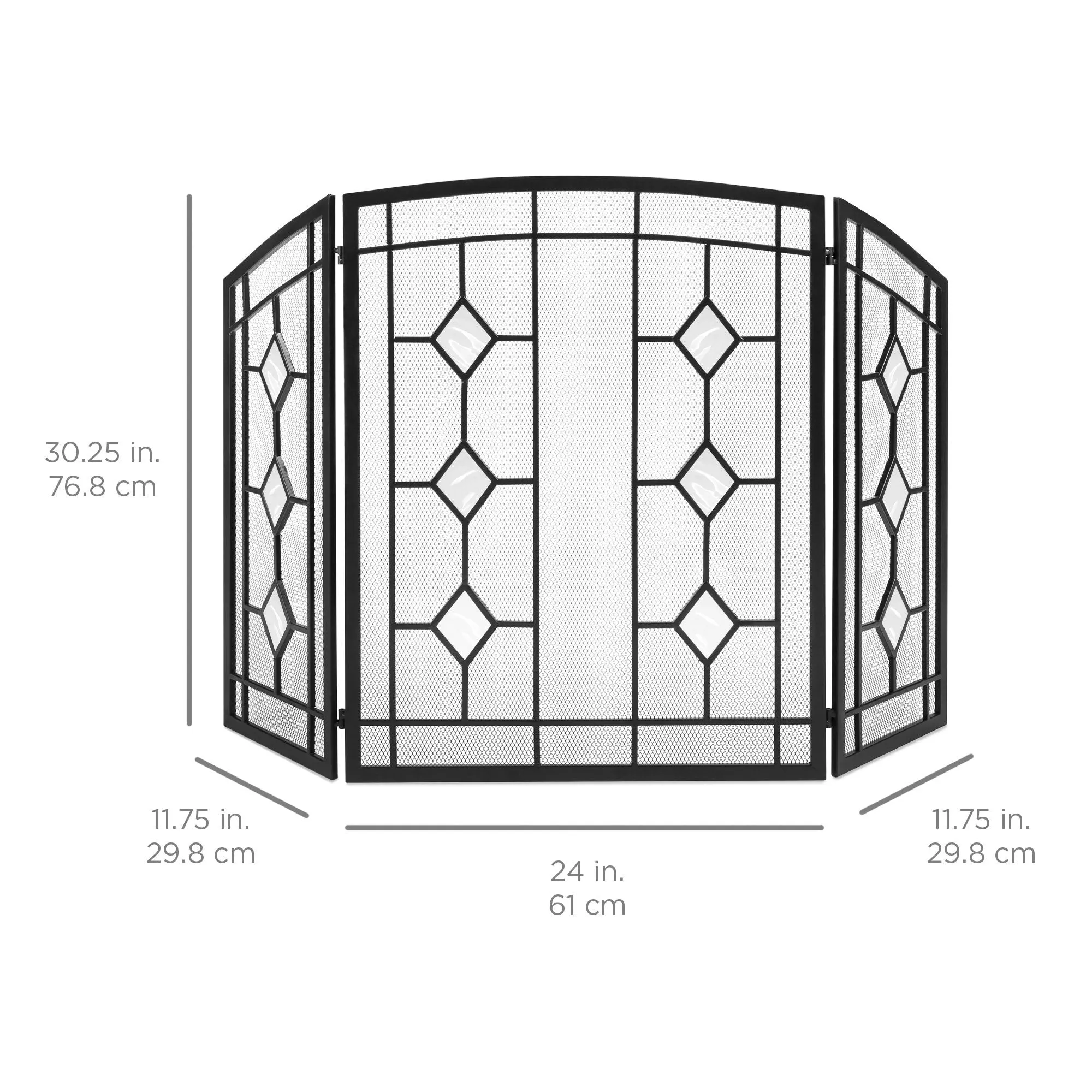 3-Panel 48x30in Glass Diamond Accent Handcrafted Iron Fireplace Screen