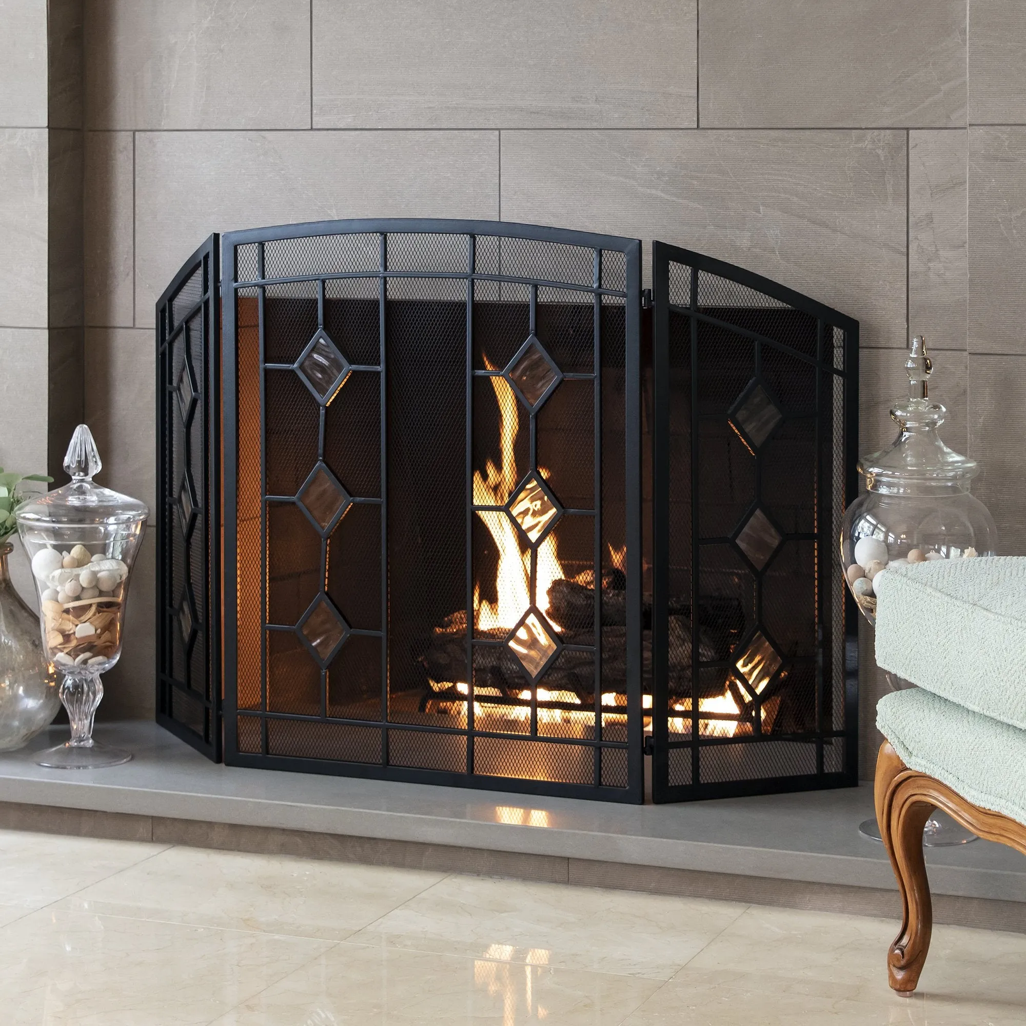 3-Panel 48x30in Glass Diamond Accent Handcrafted Iron Fireplace Screen