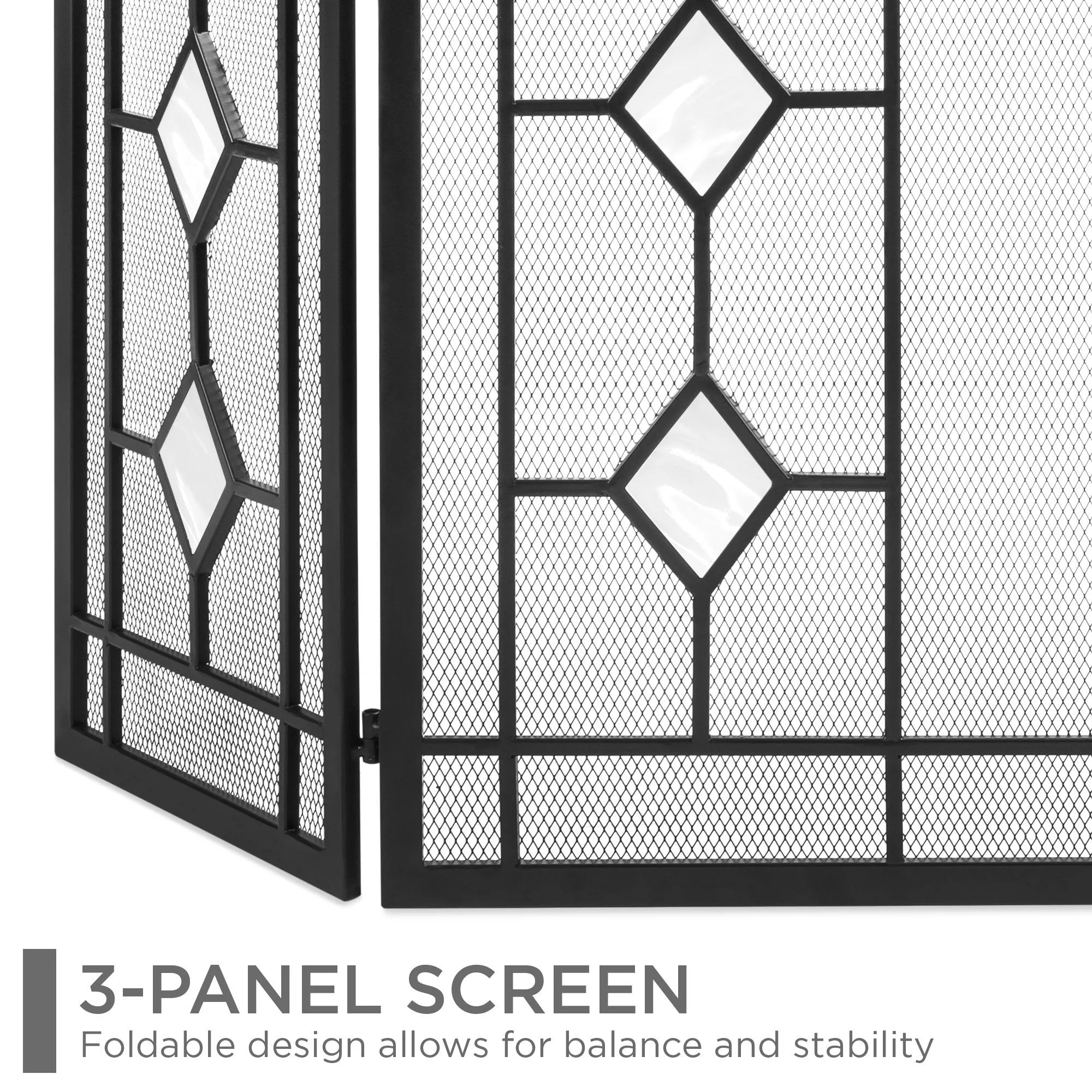 3-Panel 48x30in Glass Diamond Accent Handcrafted Iron Fireplace Screen