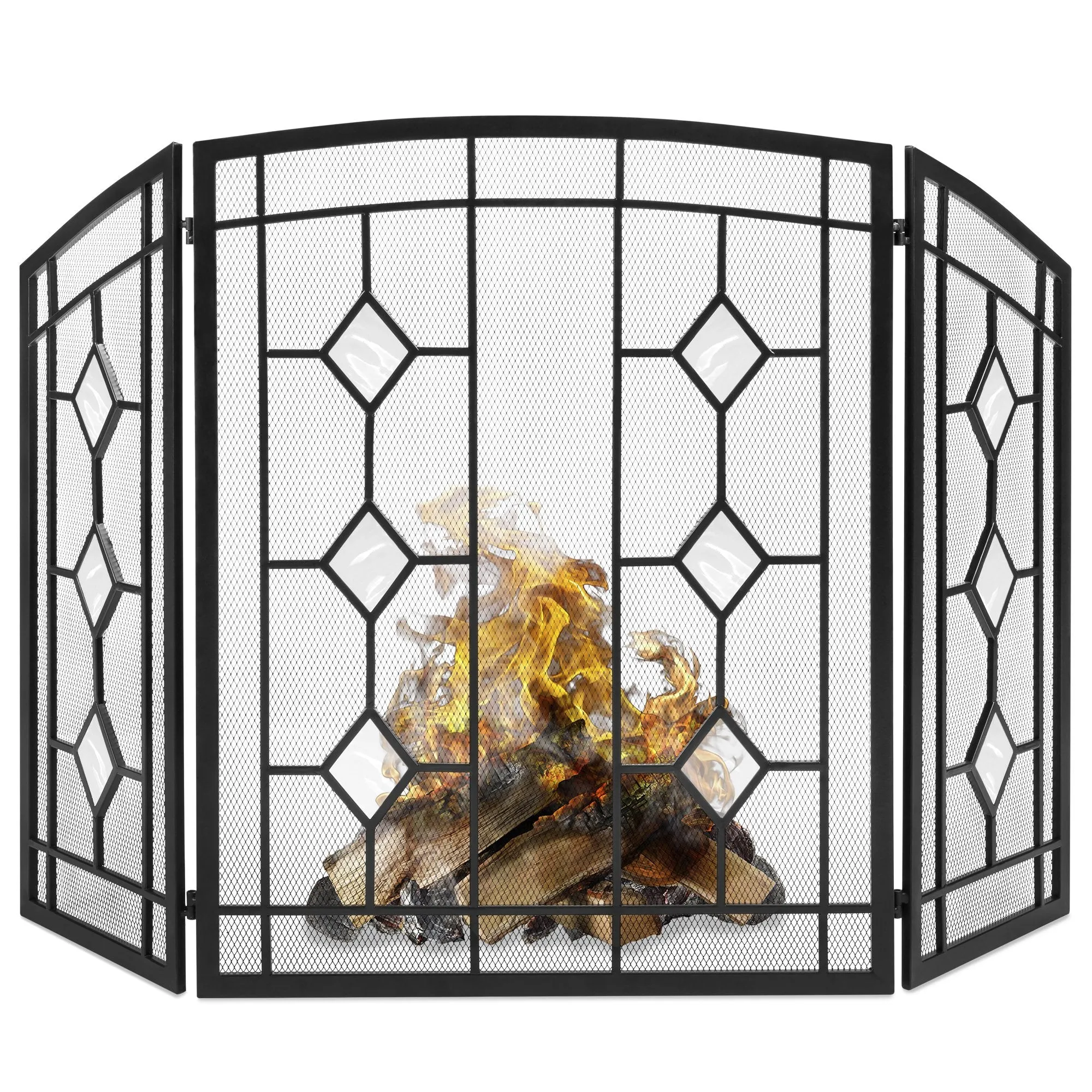 3-Panel 48x30in Glass Diamond Accent Handcrafted Iron Fireplace Screen