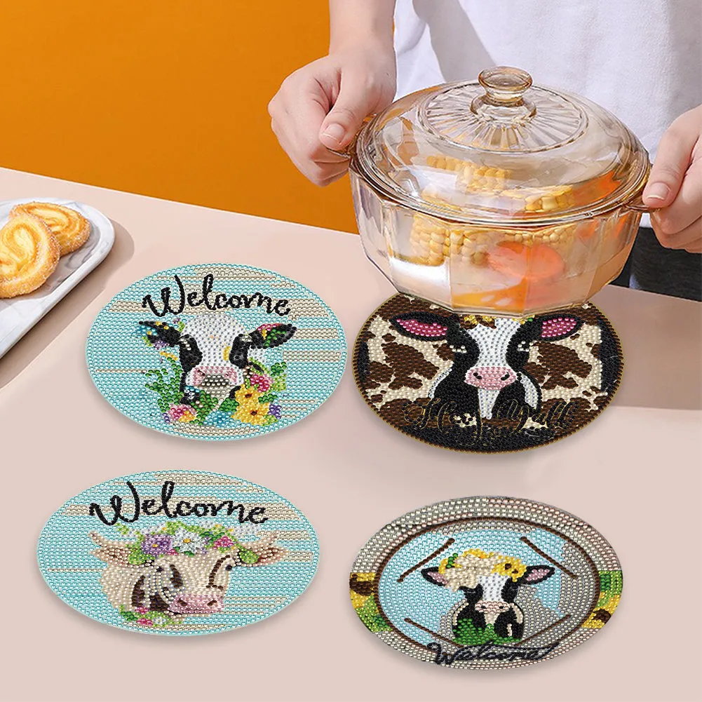4 Pcs Wooden Diamond Painted Placemats Tableware Mat with Holder (Milk Cow)
