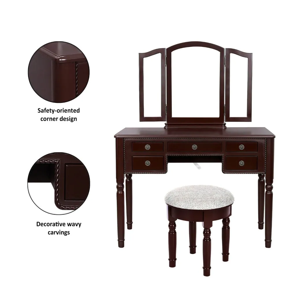 43 Inch 3 Piece Vanity Desk Set with Elegant Trifold Mirror and a Cushioned Stool, Espresso Brown Solid Wood By The Urban Port