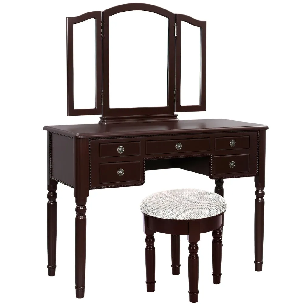 43 Inch 3 Piece Vanity Desk Set with Elegant Trifold Mirror and a Cushioned Stool, Espresso Brown Solid Wood By The Urban Port