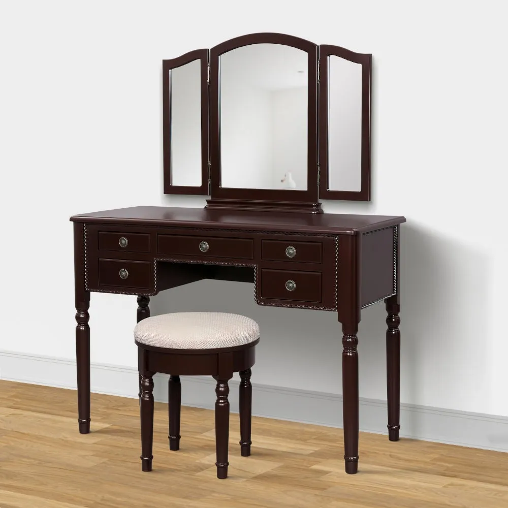 43 Inch 3 Piece Vanity Desk Set with Elegant Trifold Mirror and a Cushioned Stool, Espresso Brown Solid Wood By The Urban Port