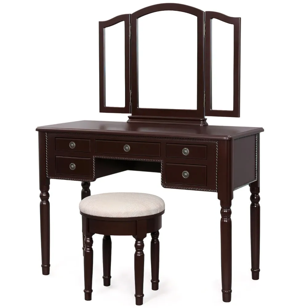 43 Inch 3 Piece Vanity Desk Set with Elegant Trifold Mirror and a Cushioned Stool, Espresso Brown Solid Wood By The Urban Port