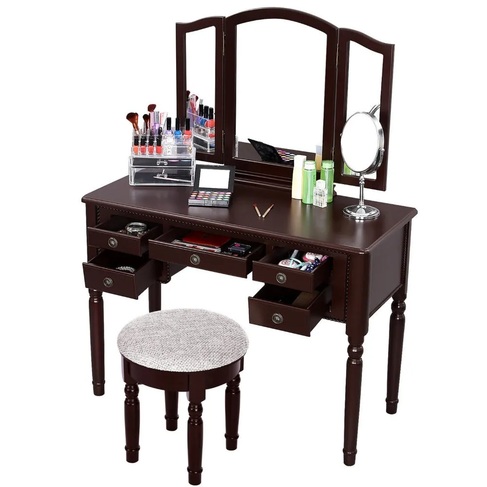 43 Inch 3 Piece Vanity Desk Set with Elegant Trifold Mirror and a Cushioned Stool, Espresso Brown Solid Wood By The Urban Port