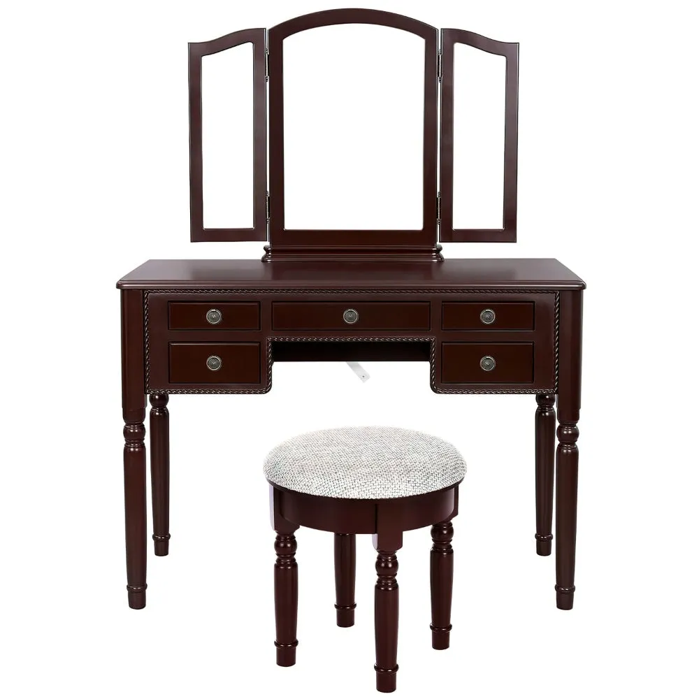 43 Inch 3 Piece Vanity Desk Set with Elegant Trifold Mirror and a Cushioned Stool, Espresso Brown Solid Wood By The Urban Port