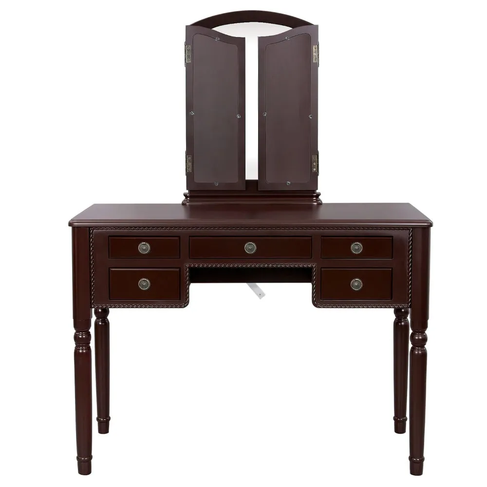 43 Inch 3 Piece Vanity Desk Set with Elegant Trifold Mirror and a Cushioned Stool, Espresso Brown Solid Wood By The Urban Port