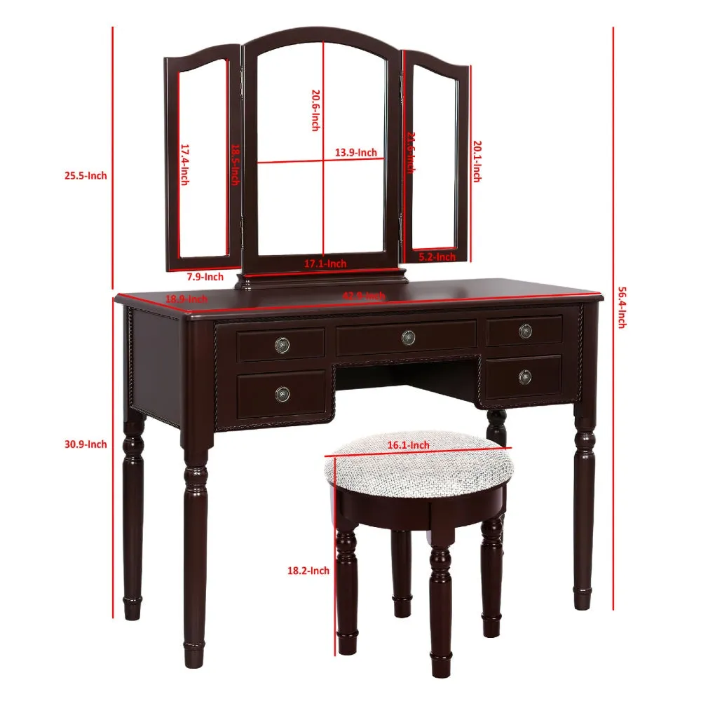 43 Inch 3 Piece Vanity Desk Set with Elegant Trifold Mirror and a Cushioned Stool, Espresso Brown Solid Wood By The Urban Port