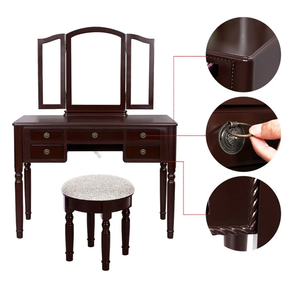 43 Inch 3 Piece Vanity Desk Set with Elegant Trifold Mirror and a Cushioned Stool, Espresso Brown Solid Wood By The Urban Port