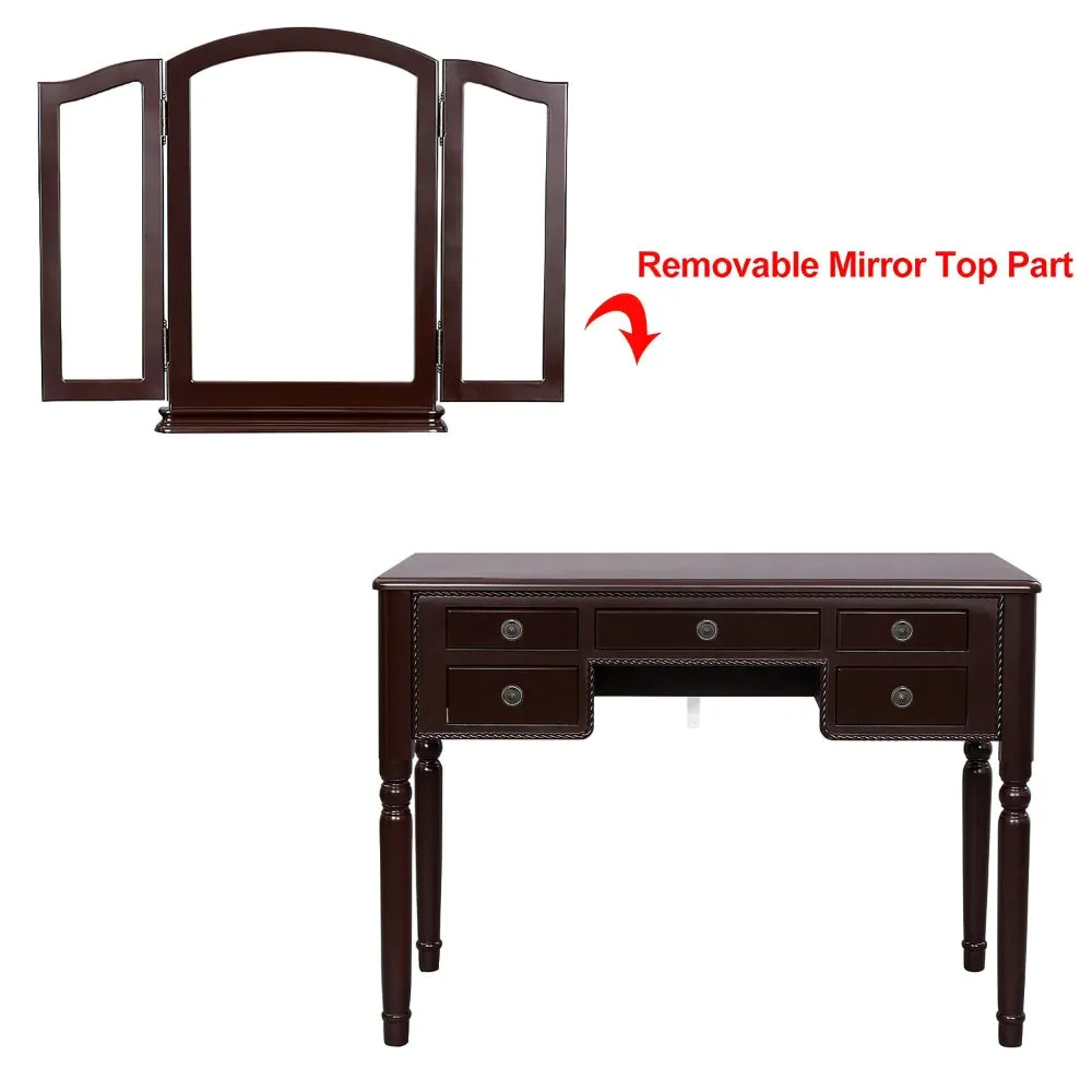 43 Inch 3 Piece Vanity Desk Set with Elegant Trifold Mirror and a Cushioned Stool, Espresso Brown Solid Wood By The Urban Port