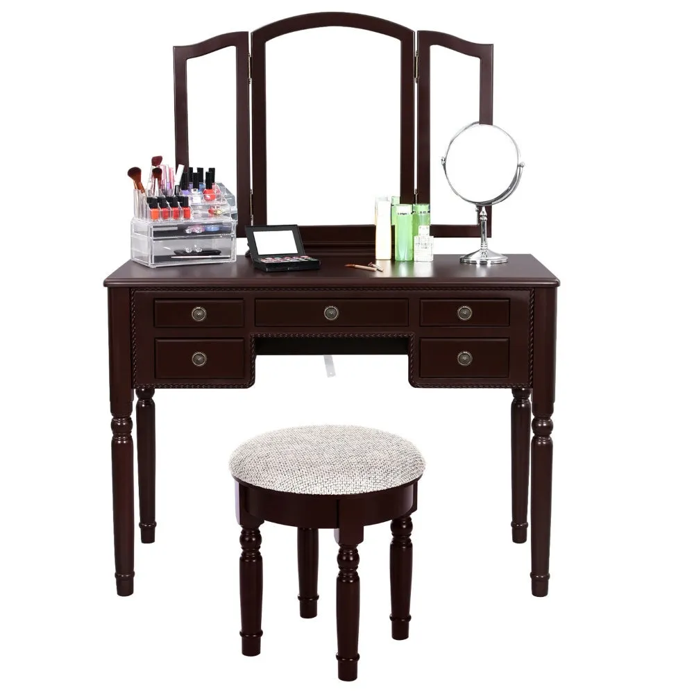 43 Inch 3 Piece Vanity Desk Set with Elegant Trifold Mirror and a Cushioned Stool, Espresso Brown Solid Wood By The Urban Port