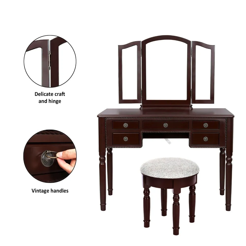 43 Inch 3 Piece Vanity Desk Set with Elegant Trifold Mirror and a Cushioned Stool, Espresso Brown Solid Wood By The Urban Port