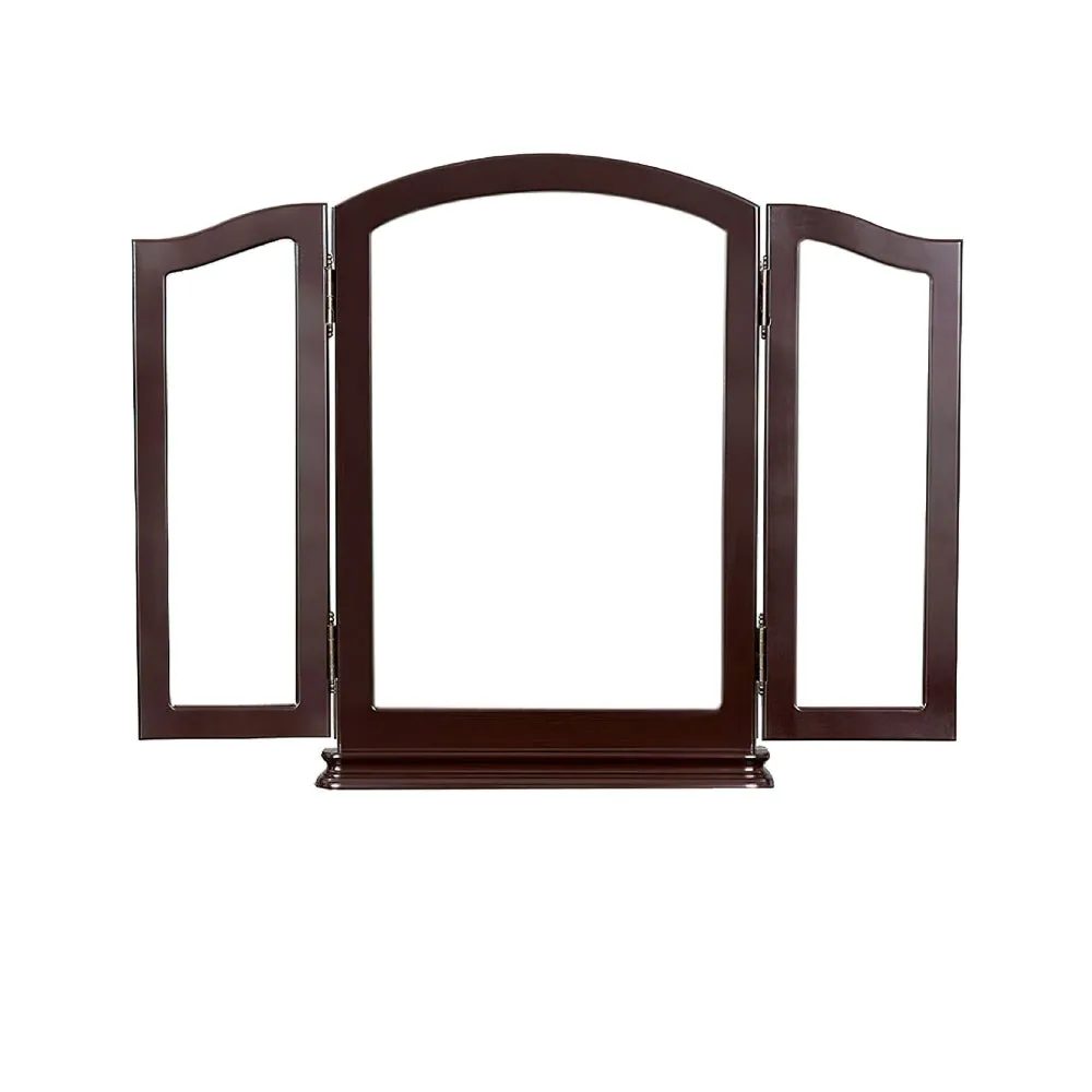 43 Inch 3 Piece Vanity Desk Set with Elegant Trifold Mirror and a Cushioned Stool, Espresso Brown Solid Wood By The Urban Port