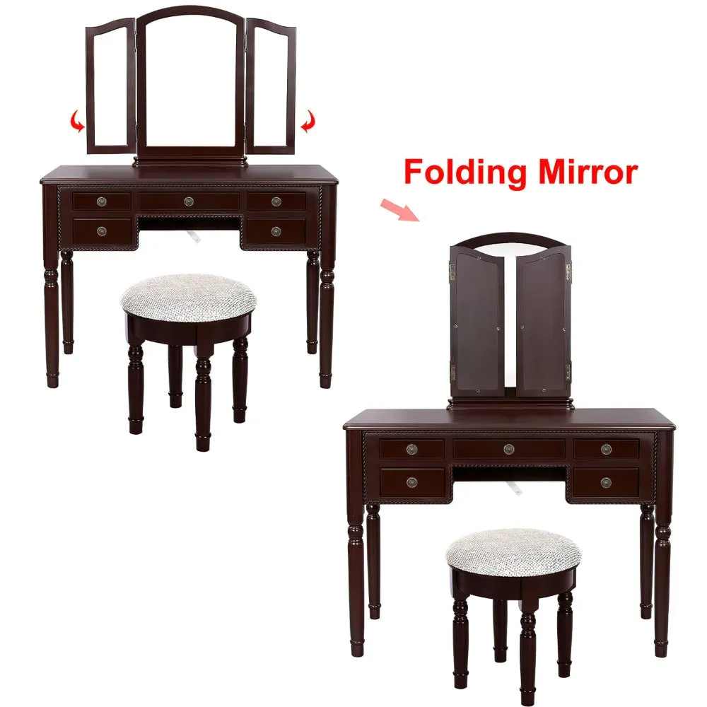 43 Inch 3 Piece Vanity Desk Set with Elegant Trifold Mirror and a Cushioned Stool, Espresso Brown Solid Wood By The Urban Port