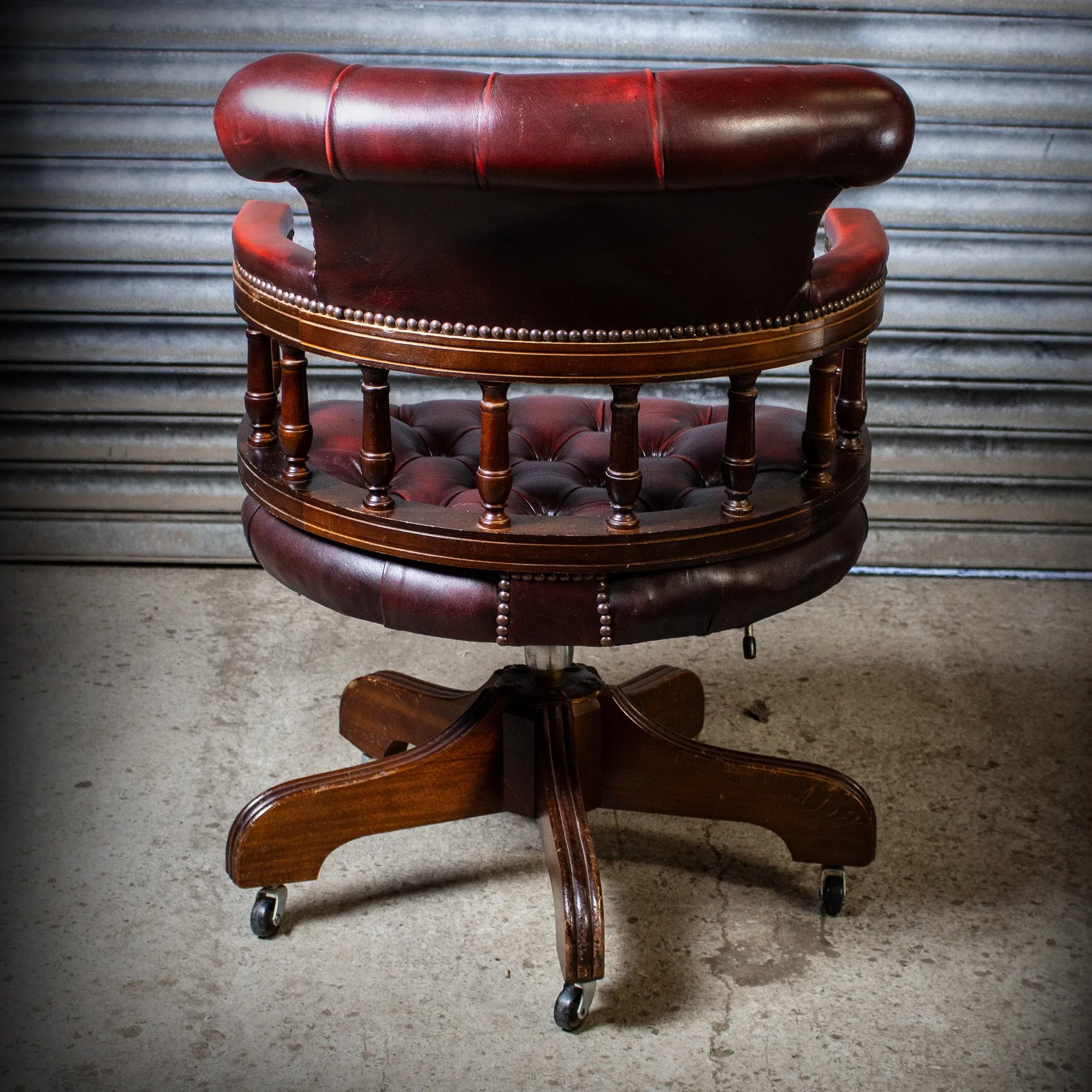 Antique Vintage Style Captains Swivel Desk Chair Oxblood Red Leather