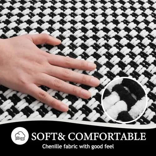 Bath Rug Mat, 20x32, Soft Shaggy Chenille Bathroom Rugs, Large Size, Super Absorbent & Thick, Non-Slip, Machine Washable Bathroom mat, Bath Mats for Bathroom, Tub & Shower（White and Black）
