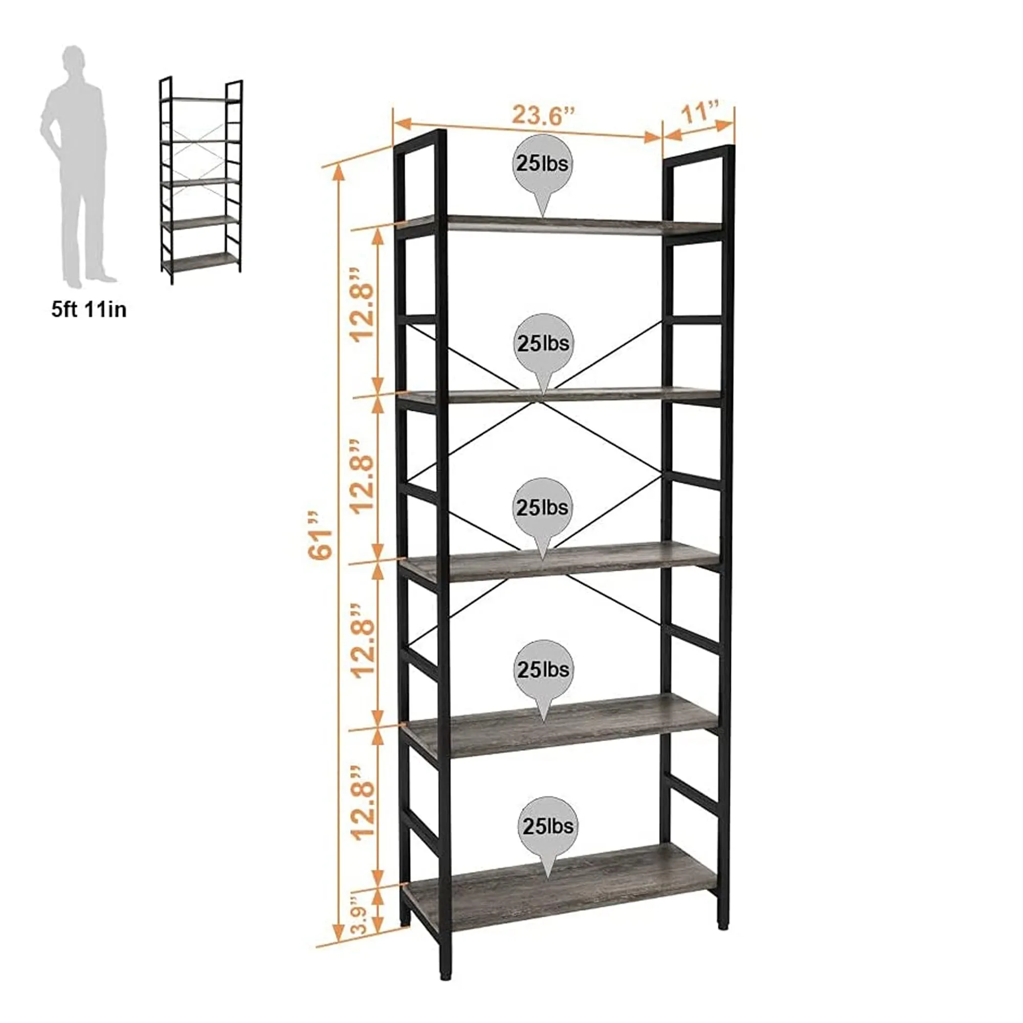 Bestier 5 Tier Adjustable Multifunctional Storage Bookcase 26", Gray (Used)