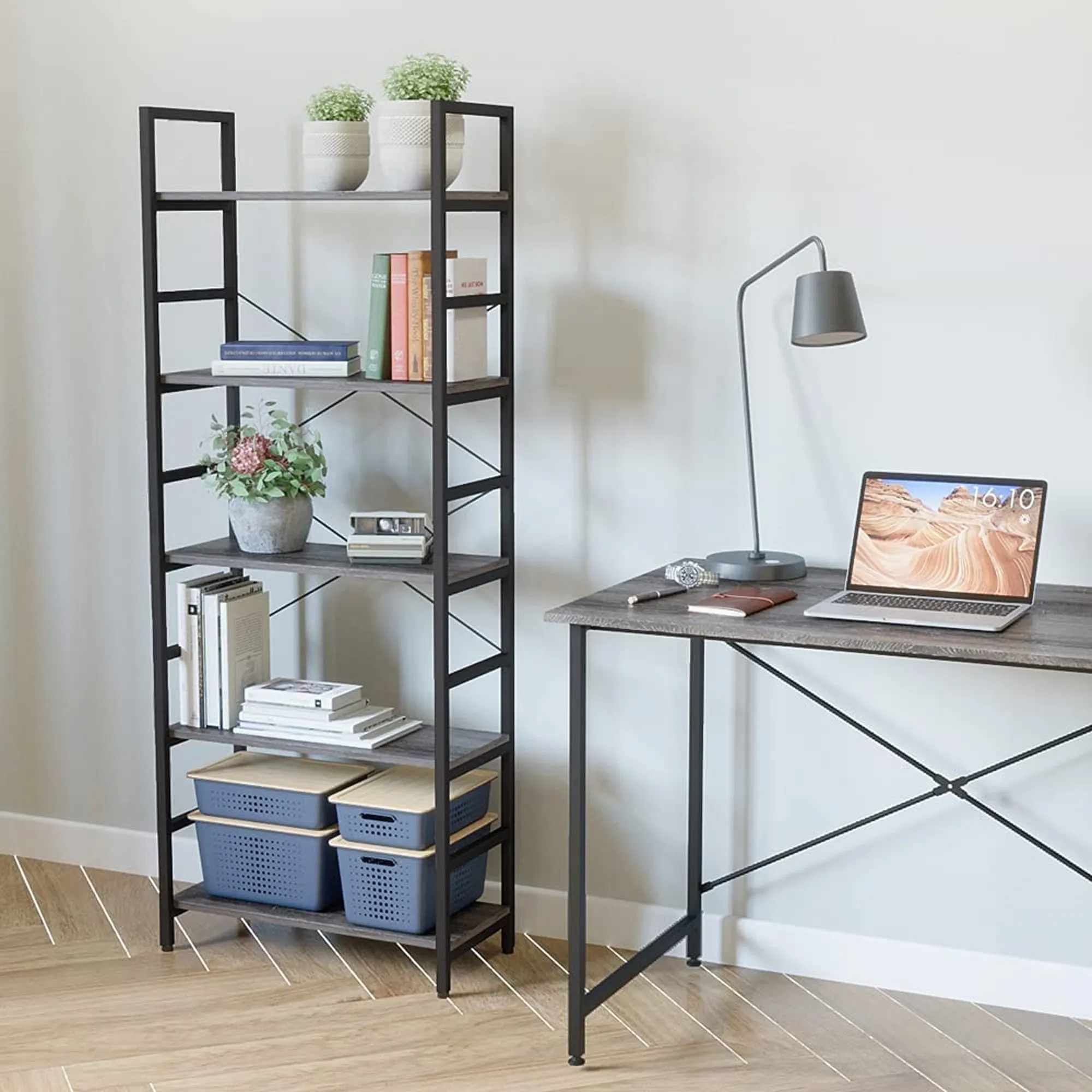 Bestier 5 Tier Adjustable Multifunctional Storage Bookcase 26", Gray (Used)
