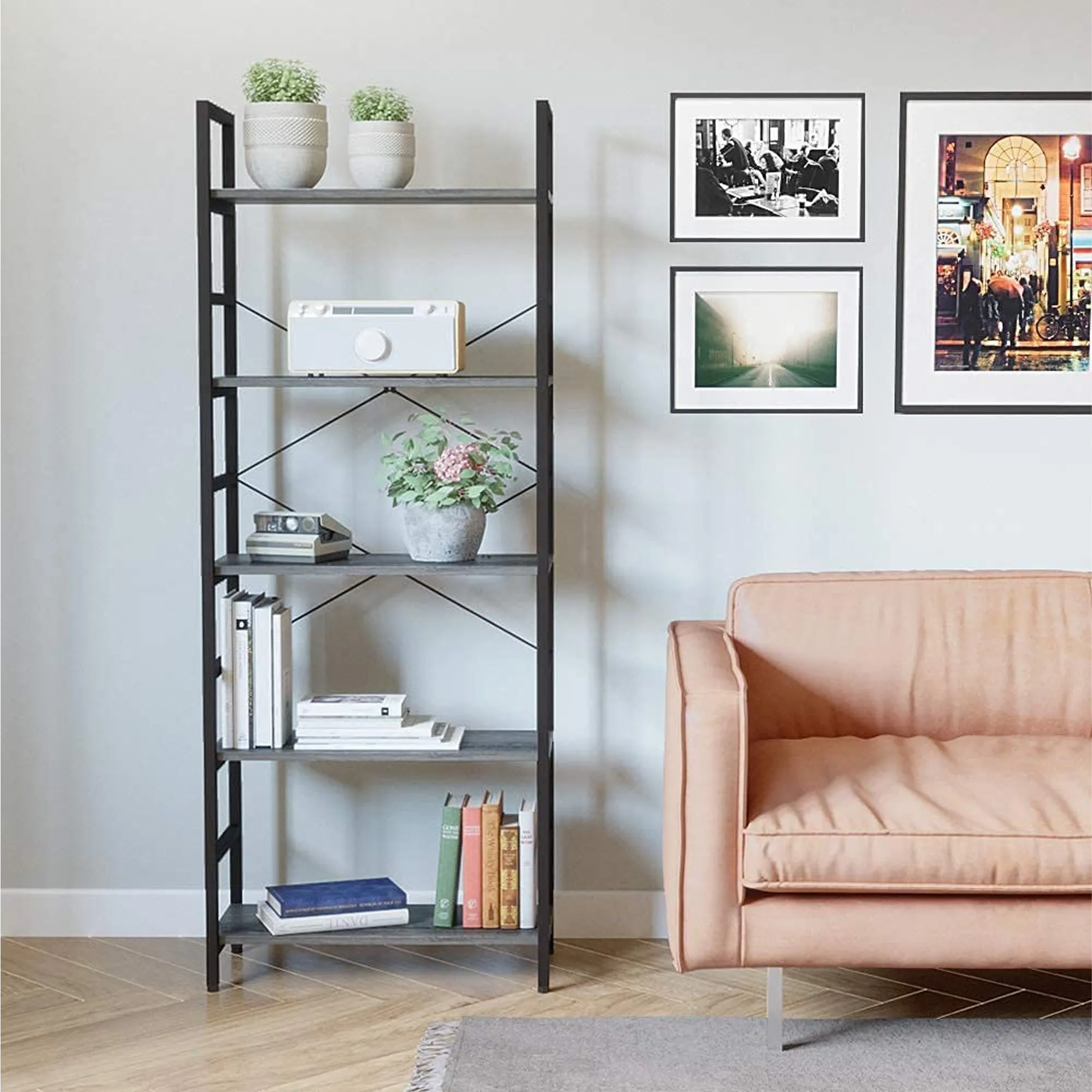 Bestier 5 Tier Adjustable Multifunctional Storage Bookcase 26", Gray (Used)