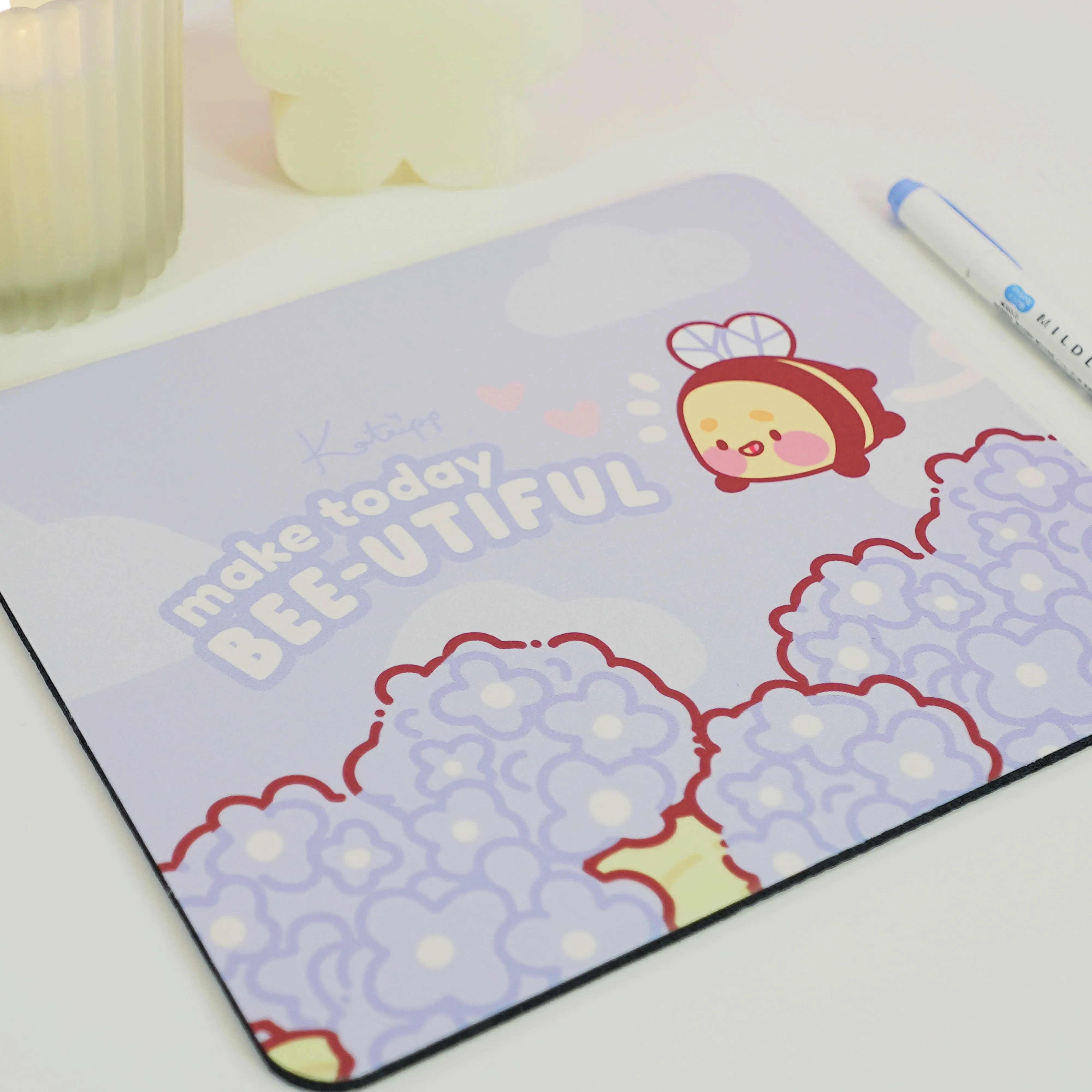 Bumblebutt & Blue Hydrangea Mouse Pad | Make Today Bee-utiful Quote | Cute Kawaii Floral Desk Decor