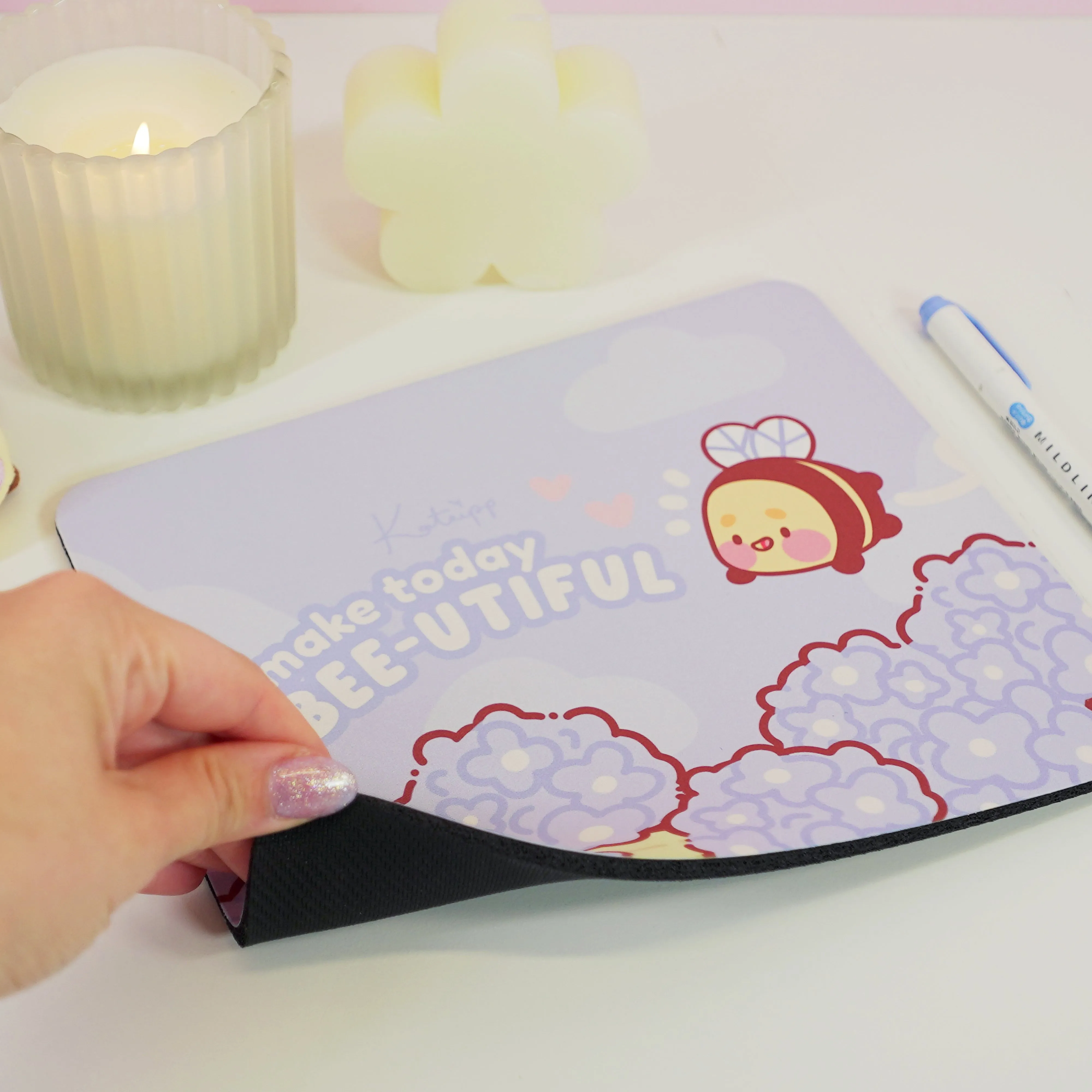 Bumblebutt & Blue Hydrangea Mouse Pad | Make Today Bee-utiful Quote | Cute Kawaii Floral Desk Decor