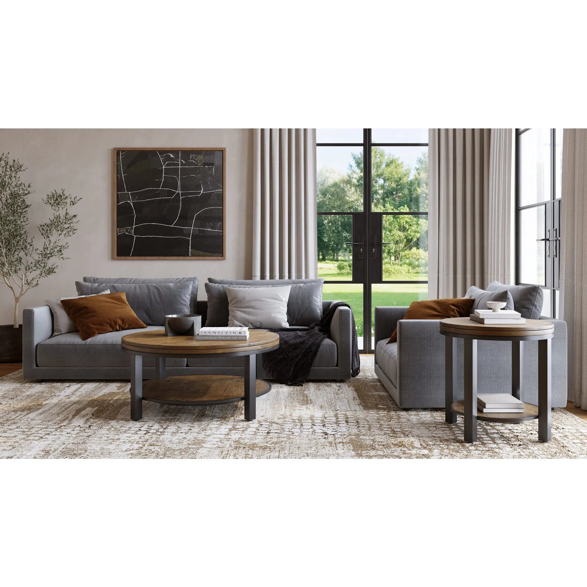Canyon Solid Wood and Metal Round Coffee Table in Washed Grey