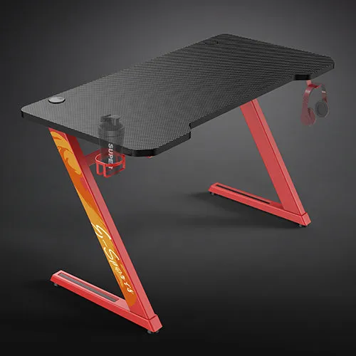 Carbon Fiber Tabletop Z-Shaped Gaming Desk with Cup Holder and Headphone Hook SH GMD-02-2 Red