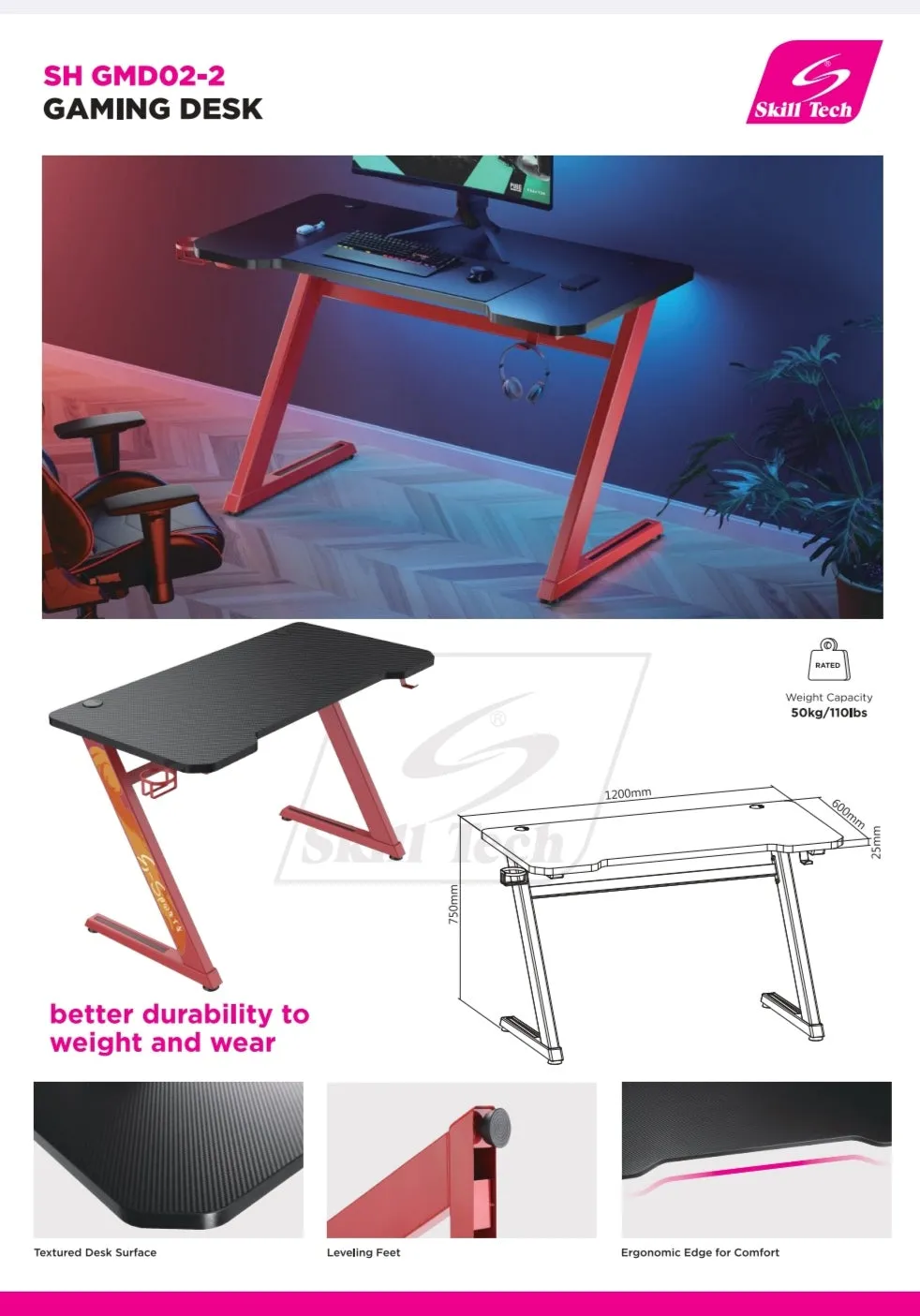 Carbon Fiber Tabletop Z-Shaped Gaming Desk with Cup Holder and Headphone Hook SH GMD-02-2 Red