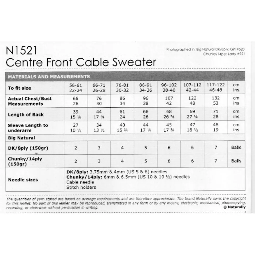 Centre Front Cable Sweater Knitting Pattern (N1521)