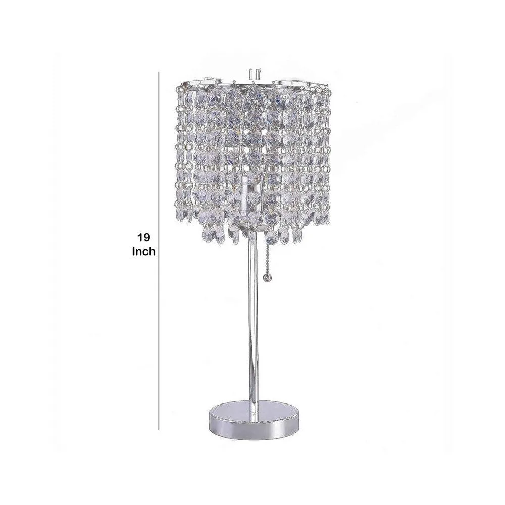 Chandelier Crystal Accented Table Lamp with Tubular Frame, Chrome and Clear By Casagear Home