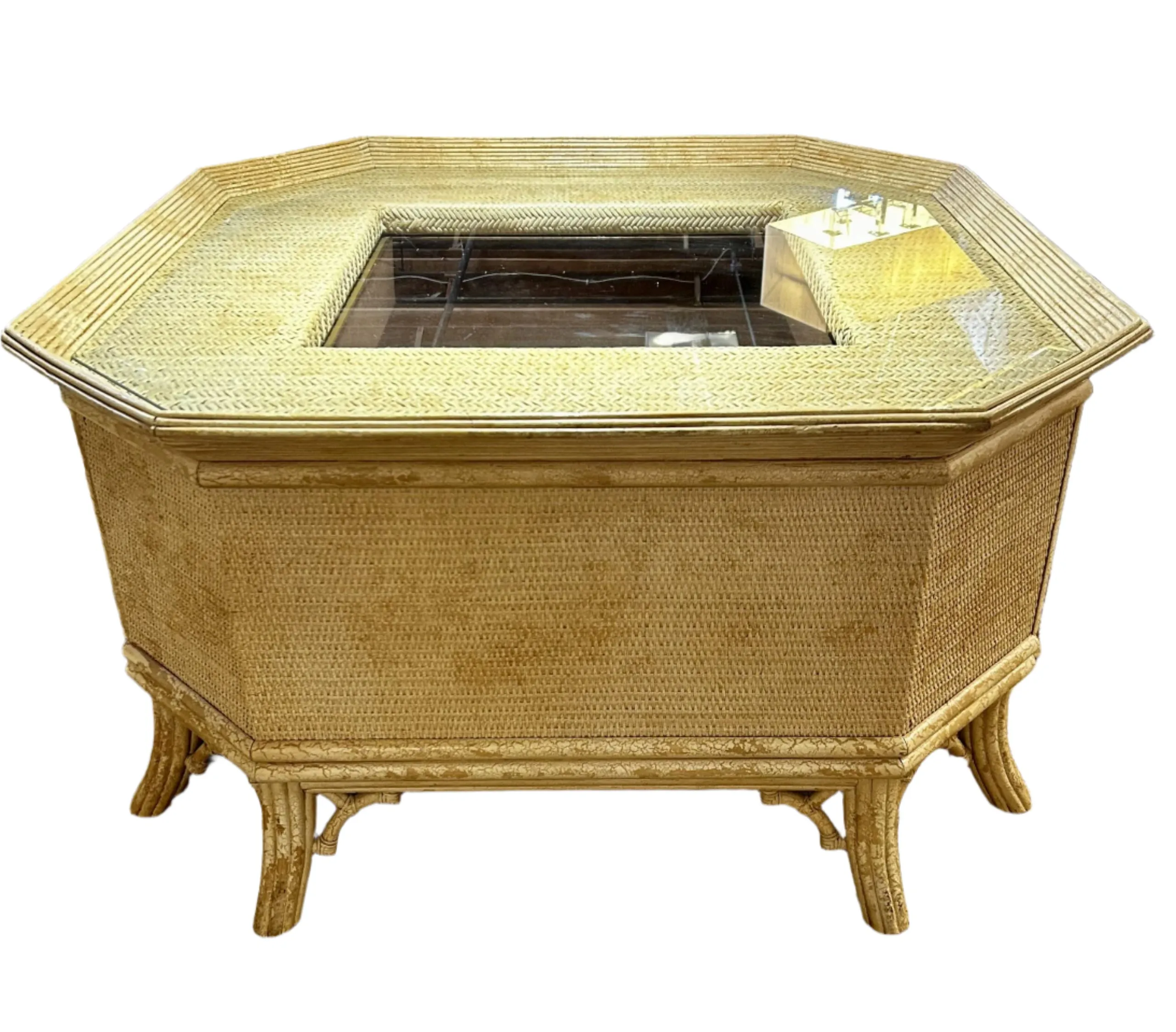 Coffee Table, Wicker, Semi-Square, Drawers, Cream Color, Glass Top